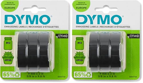 DYMO Authentic Embossing Label Tape | 9 mm x 3 m Rolls | White Print on Black | Self-Adhesive | for Embossing Label Makers | 3 Count (Pack of 2)