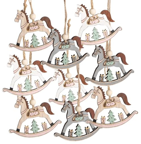 Logbuch-Verlag Schaukelpferd Anhänger 9er Set aus Holz 6,5 cm Natur weiß grau– Nostalgischer Christbaumschmuck zum Aufhängen – Weihnachtsdeko Landhaus Stil