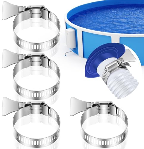 Hicarer 4 Pcs 1-1/4 Stainless Steel Pool Hose Clamps Adjustable Thumb Screw Metallic Hose Clamp for Above Ground Swimming Pool and PVC Tubing