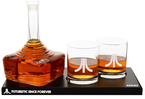 Official Atari Joystick Decanter Set with 2 x Atari Action Button Whisky Glasses and CX78+ Games Pad Tray, for Whiskey, Scotch & Gin, 750ml Decanter, 300ml Glasses, Birthday Gift for Men - ThumbsUp!