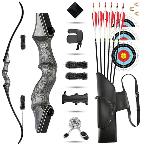 ZSHJGJR 60 Zoll Takedown Recurve Bogen Holz Aluminium 30-60lbs Bogenschießen Pfeil und Bogen Set Erwachsene Anfänger Jagdbogen Longbogen Traditioneller Bogen Set mit Zubehör (Holz Bogen, 50 lbs)
