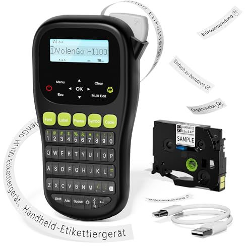 Beschriftungsgerät H1100 – Etikettiergerät & Etikettendrucker mit QWERT Tastatur, LCD-Hintergrundbeleuchtung und Selbstklebendem Label (12 mm). Portable Beschriftungsgerät Handgerät für Heim und Büro