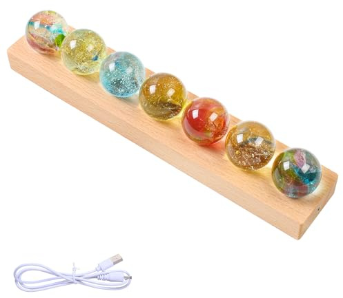 MaxAwe LED 7 Stück 40mm Tischlampe Kristallkugel, 3D Nachttischlampe Kristall mit Holzsockel und Geschenkbox Geschenk für Kinder Freunde Familie, Schneekugel Glas Nachtlicht für Schlafzimmer Wohnzimme