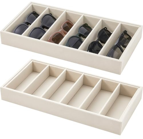 Juexica 2 Pcs Velvet Sunglass Trays 6 Grids Sunglasses Organizer, Beige