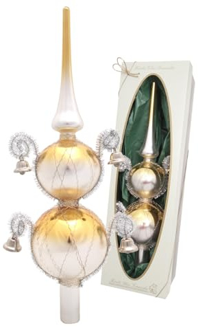 Krebs Glas Lauscha - Christbaumschmuck/Christbaumspitze aus Glas - Doppelspitze umsponnen mit 4 Glöckchen - Farbe: Gold/Silber - Größe: ca. 29 cm - Made in Germany