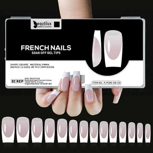 Beautilux Faux Ongles Medium Square French Press on Ongles 280 Pièces 14 Tailles, Soak Off Faux Ongles Pose Americaine Pour Manucures à Domicile
