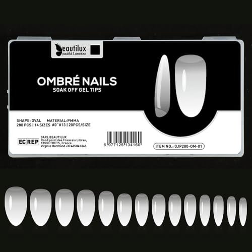 Beautilux Ombre Faux Ongles Blanc Medium Oval Press on Ongles 280 Pièces 14 Tailles, Soak Off Faux Ongles Pose Americaine Pour Manucures à Domicile