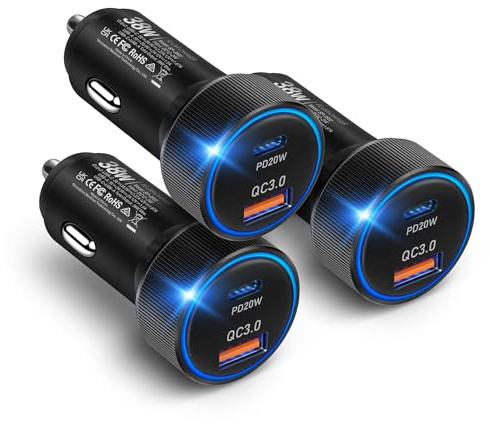 38W USB C Car Charger Fast Charging, 3Pack Cigarette Lighter Adapter, Car Phone Charger, Boxeroo Multi Port PD/QC 3.0 Cargador para Carro, 12v USB Outlet for iPhone 16e/16/15/14/13/12 Pro,Samsung