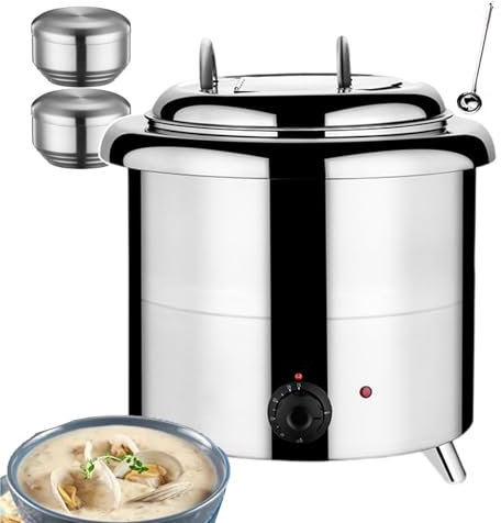 forplubossmmp Scaldavivande Elettrico, Bollitore per Zuppa, Pentola per Zuppa Riscaldante Commerciale con Controllo della Temperatura per Buffet (con 2 Ciotole per Riso + 1 Cucchiaio per Zuppa),White
