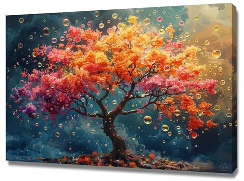 TZKRWRH Arbre de vie coloré en bois Impression sur toile, (Arbre de vie abstrait style 63) Affiche Murale Abstrait Image sur Toile Tableau Salon Chambre Décorations - 40x60cm Encadrée