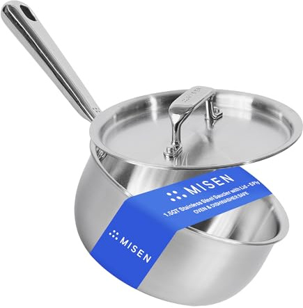 Misen 5-Ply Stainless Steel Saucier with Lid– Induction-Compatible Pan with Curved Sides for Smooth Stirring - Oven Safe to 800F – Even Heat Distribution & Ergonomic Handle - 1.5 QT