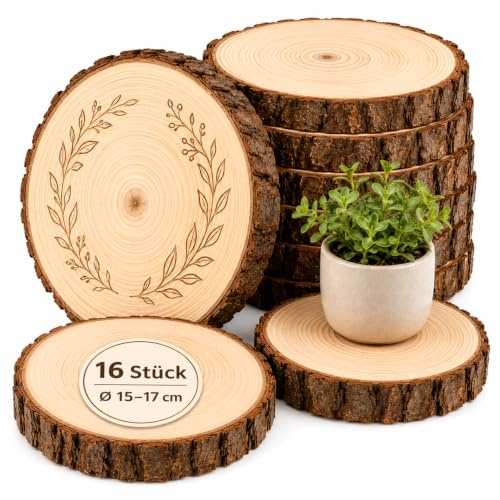 Truevaste 16er Holzscheiben 15cm Durchmesser, Kiefer mit Rinde, ohne Loch | Baumscheiben Ø 15–17cm 15mm Dicke zum Basteln für Lasergravur, Untersetzer, Hochzeitsdeko, Tischdeko, Fotorequisite, Festdeko
