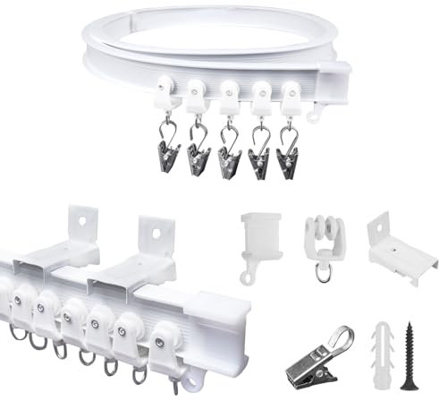 FOGAWA 1m Binario per Tende a Parete con 8 Clips in Ferro,Flessibile,Curvo, Binario PVC Montato Lateralmente, Sistemi di Scorrevole Binario Tende da Doccia, Divisori per Ambienti, per Camper,Bianco