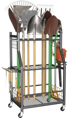 WALMANN Garden Tool Organizer with Wheels for Garage, Rakes/Shovels/Yard Tools Storage Stand for Garden, Shed, Indoor/Outdoor Long-Handled Tools Rolling Cart