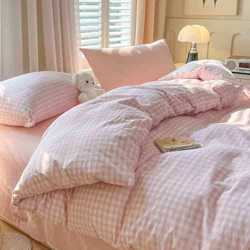 Covebett - Funda de edredón de 200 x 200 cm, diseño de cuadros, color rosa y blanco, moderno, juego de cama para adultos, 2 personas, funda nórdica de microfibra, ropa de cama con cremallera y 2