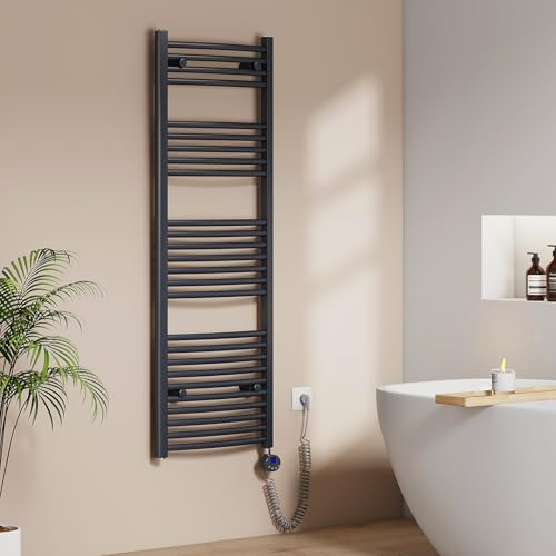 EMKE Scaldasalviette Elettrico per Bagno 140 x 50 cm, Antracite, 600 Watt | Radiatore Curvato con WIFI Termostato, Scaldasalviette Elettrico, Supporto Porta-Asciugamani