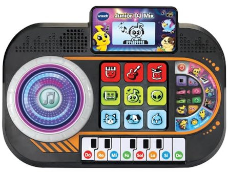 VTech Junior DJ Mix, Console da DJ per Bambini, Pulsante Registrazione, DJ Mix da Bambini con Tasti del Pianoforte, Schermo LCD e Piatto con Disco Luminoso, Lingua Italiana, Batterie Incluse, 3-7 Anni