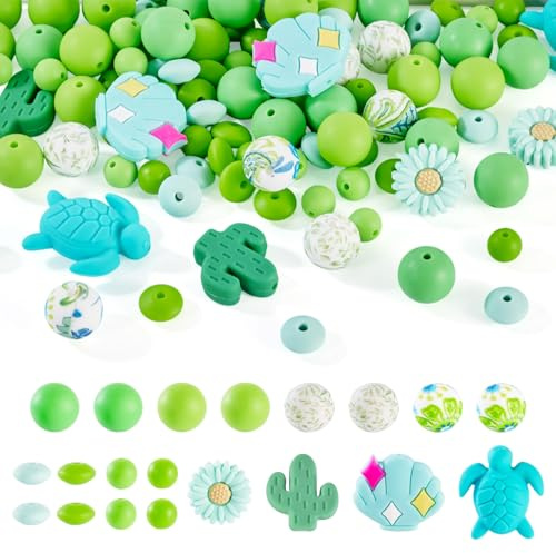 Spritewelry Lot de 108 perles focales rondes en silicone pour la fabrication de bijoux et porte-clés, lanières, cactus et marguerites - Vert