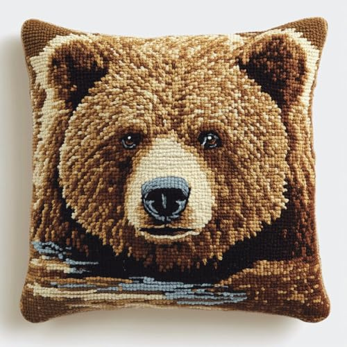 Henypt Knüpfkissen-Set, knüpfkissen knüpfset, Knüpfsets, Diy, Handgefertigtes Kissen, Häkelgarn, Stickset, Kissenbezug 43x43cm(Tier Bär)