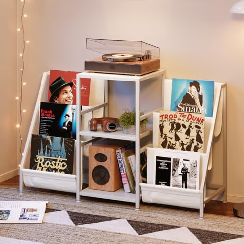 Support pour tourne-disque blanc à 3 niveaux, rangement en vinyle pour jusqu'à 280 LPs, support moderne et table d'appoint pour tourne-disque, design minimaliste, étagère pour salon et studio