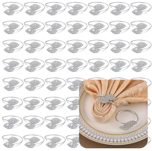 FCDECOR Set of 100 Napkin Rings Metal Silver Elegant Bling Leaves Rhinestone Napkin Rings Bulk Dinner Banquet Serviette Decor, Dining Table Setting for Thanksgiving Christmas Holiday Wedding Party