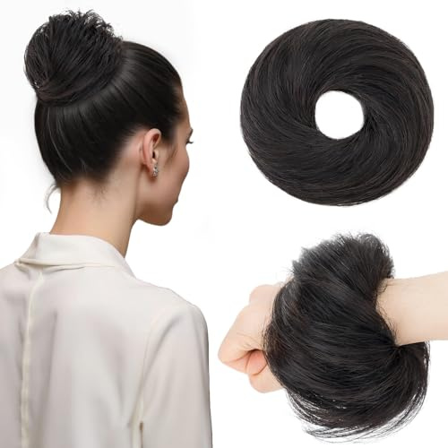 MY-LADY Haarteil Mit Gummiband Dutt Haarteil, Haargummi Mit Haaren Echthaar 25g Hochsteckfrisuren für Damen & Mädchen (#1B Natürliches Schwarz Glatt)