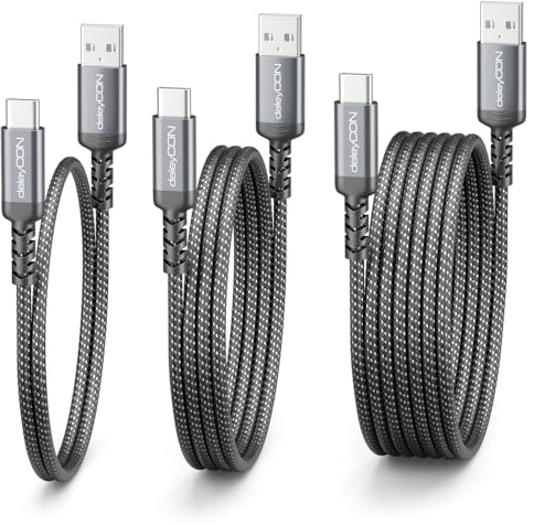 deleyCON 3x Cable USB-A a USB-C (0,5m + 1m + 2m) Cable de Carga y Datos Corto para iPhone 17 15 16 Pro Max Air Galaxy A16 A56 S25 S24 S23 Pixel iPad Pro Air Tablet AirPods Portátil Switch PS5