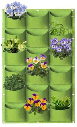 MoSundi Wandmontierte Filz-Pflanztasche für vertikalen Garten, platzsparende Pflanztasche für Gemüse, Blumen, Innen- und Außenbereich, 18 flache Öffnungen, grün