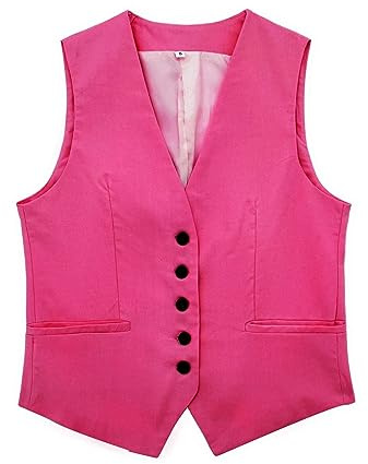 Linneväst dam kort, kostymväst dam vintage fritidsväst med knappar bikerväst ärmlös lastbilsväst rocker kort jacka lätt kofta enfärgad arbetsväst andas damväst, Het rosa, XS