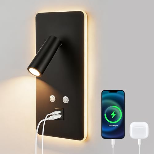Eirolace Liseuse Murale avec USB und USB C, Liseuse Tete de Lit Dimmable en Continu, 3W+9W 3000K Liseuse Lampe de Lecture pour Salon Éclairage d'ambiance de Chambre(1 Noir)