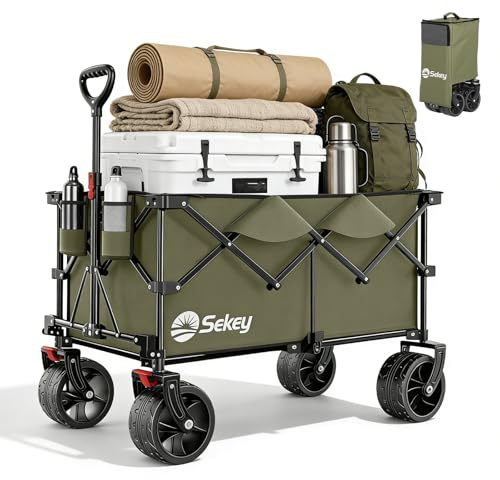 Sekey XXL Plus Bollerwagen Faltbar 200L 200KG Extra Breit-Reifen | Faltbollerwagen mit 17x10 cm All-Terrain-Räder Handwagen, Patentiert 4-Wege-Sofortaufbau Transportwagen, Olivgrün