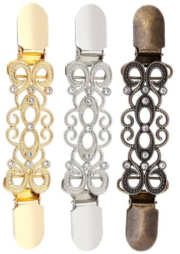 WATIIFUFU Lot de 3 Pinces à Linge Fixes en Alliage Ornés de Cristaux, Fermoirs Décoratifs pour Cardigan Femme, Coloris Or, Argenté Antique et Bronze Ancien, Accessoires Chics pour Vêtements