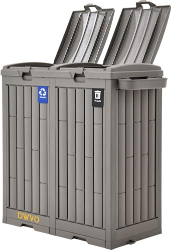 DWVO 76 Gallon Outdoor Trash Can, Dual-Compartment Resin Garbage Bin with Lid, Includes 2 Sorting Labels, Ash Holder, Stakes & Suction Cups, Hideaway Storage for Patio Backyard Garden, Light Brown