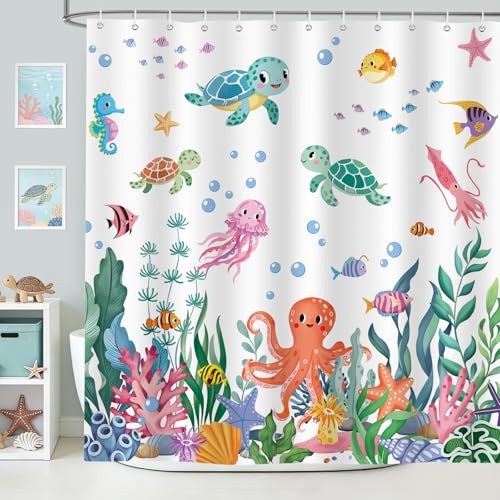 hometrixx Cortina de Ducha Infantil Tortuga Marina Medusa Pez Coral 180x200 | Impermeable Poliéster, Antimoho, Secado Rápido, Antiarrugas, Cortina Bañera con 12 Ganchos, Lavable a Máquina para Bañera