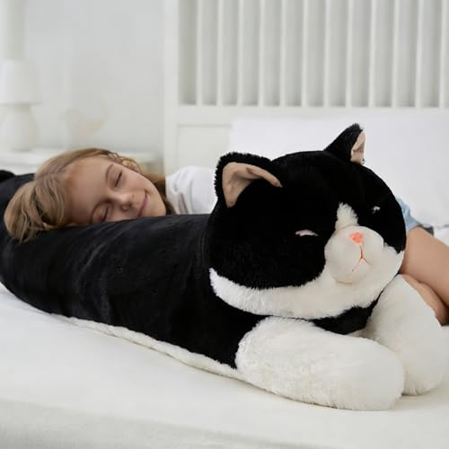 Dalmao Schwarz-Weiß Katze Plüschtier 120 cm Groß, Lang Plüschkatze als Umarmungskissen/Körperkissen, Weiches Kuscheltier für Kinder und Erwachsene