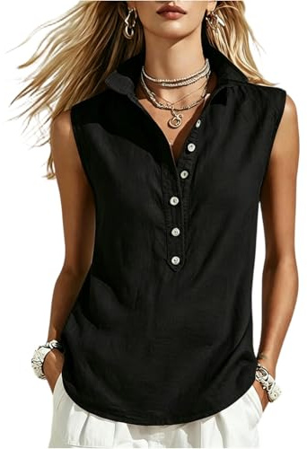 Camiseta Sin Mangas Mujer Lino Cuello con Botones Color Liso Ropa Mujer Verano Camisetas Vintage Classic Top Ligera Moda Blusa Descanso Trabajo