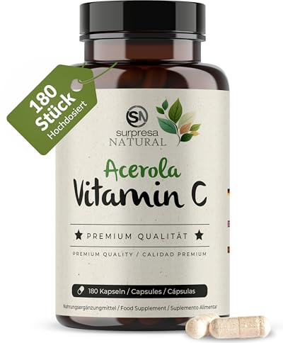 Surpresa Natural Vitamin C Kapseln I 1 x 180 Stück I 162,5 mg natürliches Vitamin C aus Acerola I Vorrat für 6 Monate I VitaminC-Supplement mit 10 mg Quercetin I hochdosiert, vegan & natürlich