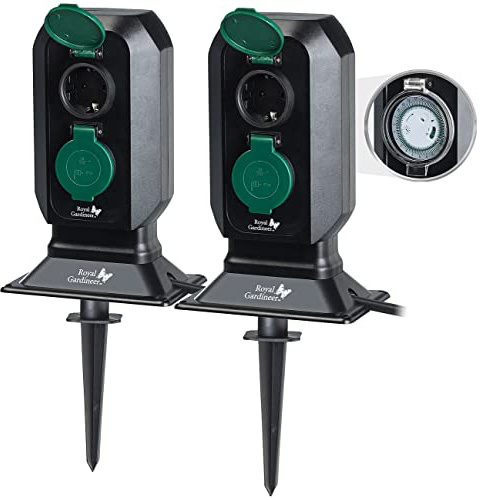 Royal Gardineer Timer Steckdose aussen: 2er-Set 2-fach-Garten-Steckdose mit Zeitschaltuhr, bis 3.680 Watt, IP4 (Outdoor Steckdose Zeitschaltuhr, Garten-Steckdose mit Timer, Verlängerungskabel)