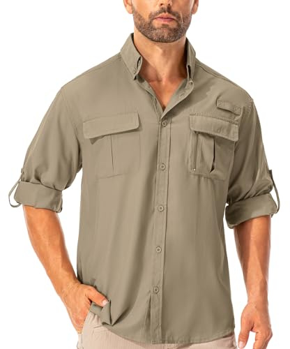Asfixiado Chemise Homme UPF50+ UV à Manches Longues Respirante Boutonnée Fonctionnelle de Plein Air Sport Loisirs Pêche, Kaki, XXL