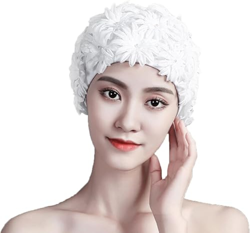 Cuffia da nuoto da donna, con petali floreali, elegante, vintage, non impermeabile, elastica, per doccia, bagno, piscina, spiaggia, surf, mare, copricapo per capelli lunghi e corti, protezione per le