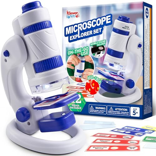 Klever Kits Microscope for Kids, 2 in 1 Portable Microscope Kit with LED Light, 60X-180X Educational Toys Science Kit Toy for Kids Ages 5 6 7 8 Boys Girls Gift