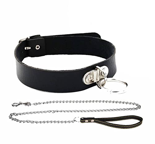SM HalsbäNder Lederhalsband Damen Gothic Choker Halsband Halsreif mit Metall Doppelring und Leine Ketten Einstellbar Halskette Collar Kragen BDSM Sklaven Cosplay Sex Spielzeug Für Frauen