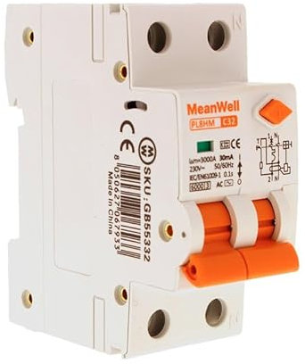 MeanWell Interruttore Magnetotermico Differenziale, 30mA 6000A 220V, RCBO 1P+N C32 32A, Tipo AC Curva C, 2 Poli Occupa 2 Moduli Barra DIN