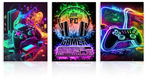 Dazzlewall 3Pcs Spiel WandBilder Cool Neon Gaming Bilder für Teen Jungen Zimmer Schlafsaal Spiel Zimmer Dekor 30×40 cm Ungerahmt