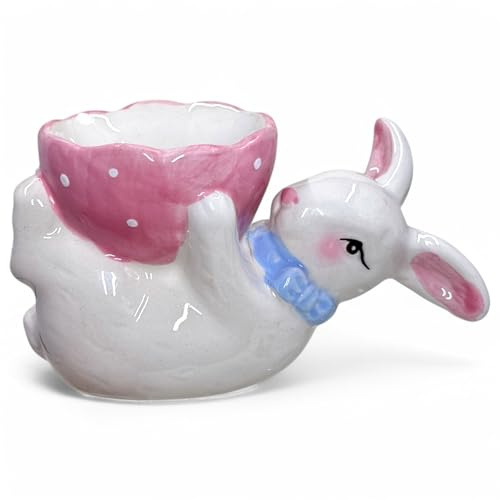 MIJOMA Huevera de conejo – pintado a mano y lacado, decoración de Pascua de porcelana, 12 x 6 x 7 cm, dulce accesorio de Pascua para mesa de desayuno y primavera (rosa)
