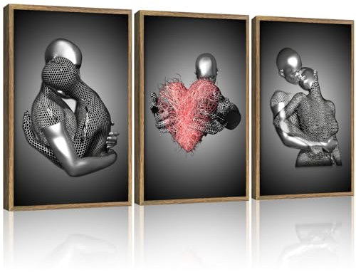 3D-Paar-Wandkunst-Poster mit Holzrahmen, moderne Dekoration, Drucke, Liebesbilder, wiederverwendbar, Galerie-Kunstwerk, schwarz-weiß, Metallstil, romantisches Gemälde zum Aufhängen, geeignet 30,5 x