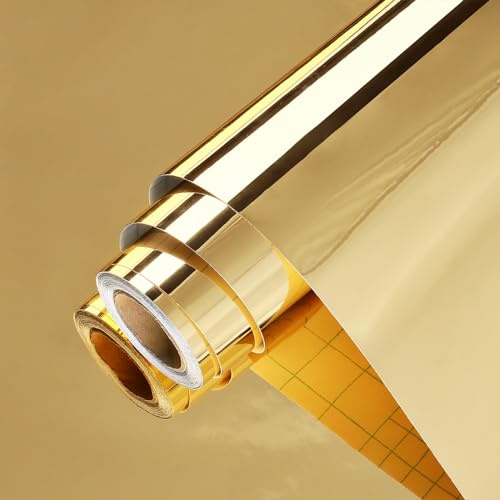 Wallercity Glossy Gold Mirror Stickers Waterproof Metallic Peel and Stick Wallpaper for DIY Decor Metallic Mirrors Contact Paper for Walls Countertops Dresser Shelf Flexible Adhesive Sheets 12''x236''