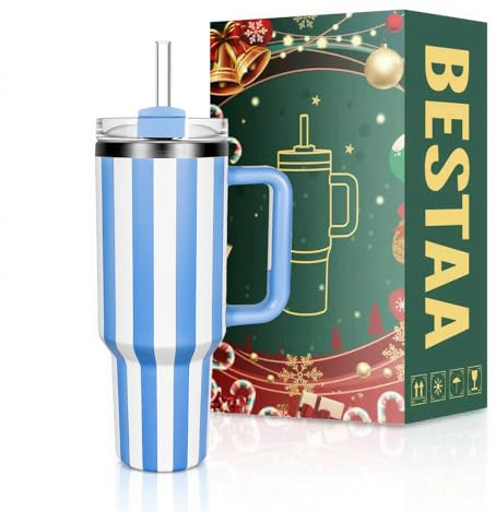 Bägare med handtag och sugrör, 1 183 ml, barnmugg med lock och sugrör, 304 rostfritt stål, för skola, sport, utomhus (blårandig)