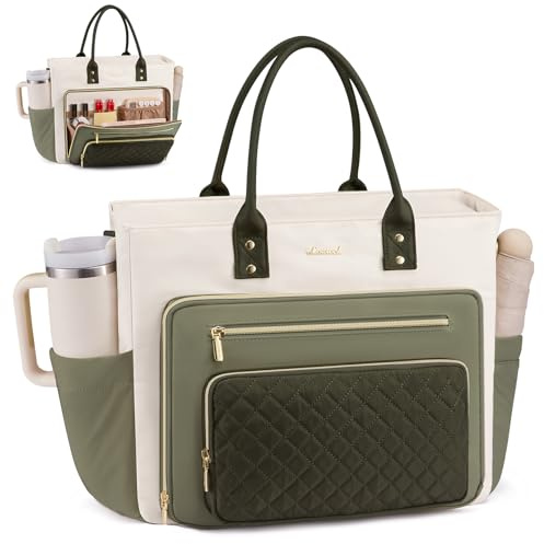 LOVEVOOK Teacher Tote Bag for Women Work, Laptop Bag With Large Cup Holder, Nurse Bags Professional Briefcase Business Computer Purses Handbag,Light Green-Beige-Olive Green,15.6 Inch