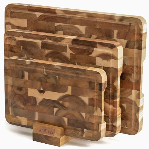 NAMTURE – Lot de 3 planches à découper en acacia bois de bout – support de rangement – 2,5 cm d’épaisseur – rainure à jus – pieds antidérapants – surface huilée – coffret cadeau